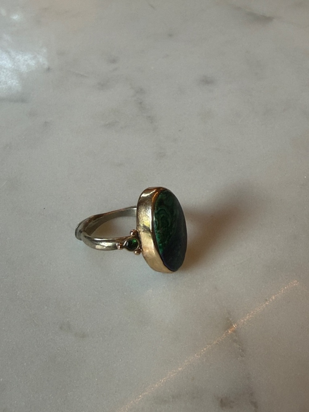 Emily Amey 14K Gold and Silver Azurite Malachite Ring w/ Tsavorite Garnets - Picture 3 of 4